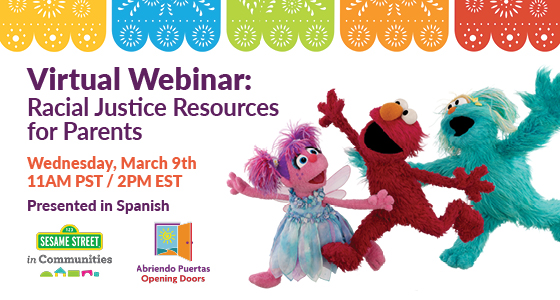 Graphic with Sesame Street characters leaping next to text about parent webinar